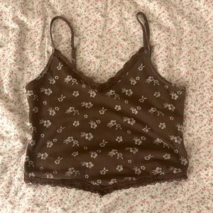 Hollister Flower Patterned Brown and White Tank Top medium